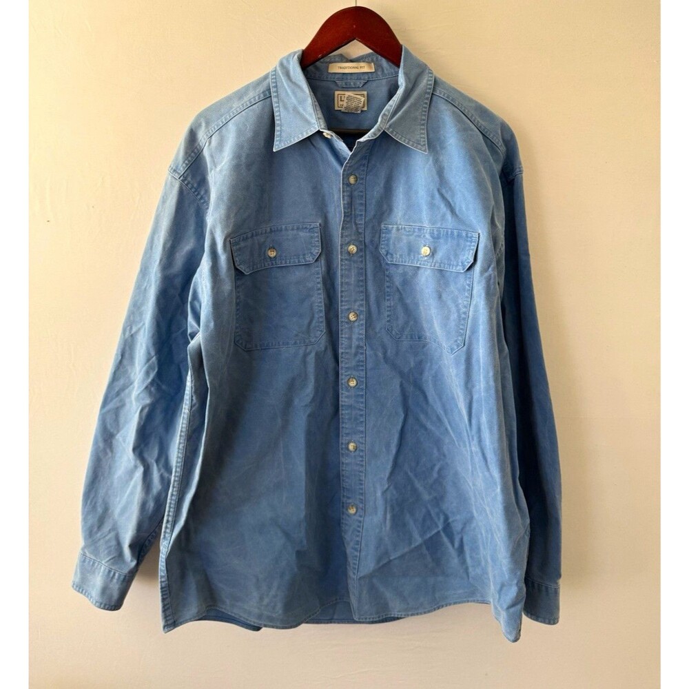L.L.Bean Mens L Traditional Fit Blue Denim Cotton Button-Up Shirt
